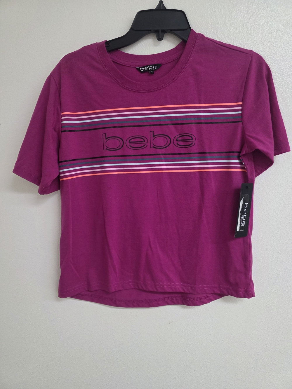 bebe Magenta Short Sleeve Logo Stripe Tee (0647)